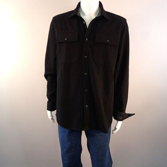 Karl Lagerfeld Men Sz L Shirt Jacket Black Ribbed Knit Snap Buttons Leather Trim - Picture 2 of 12